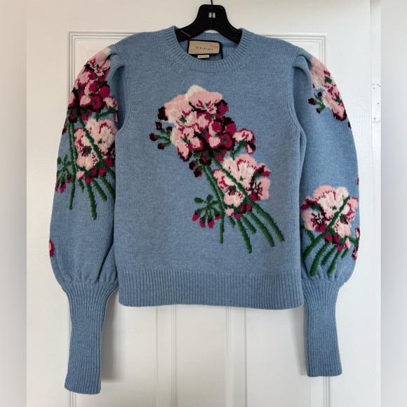 Gucci light blue Intarsia puff sleeve wool sweater - Picture 2 of 10
